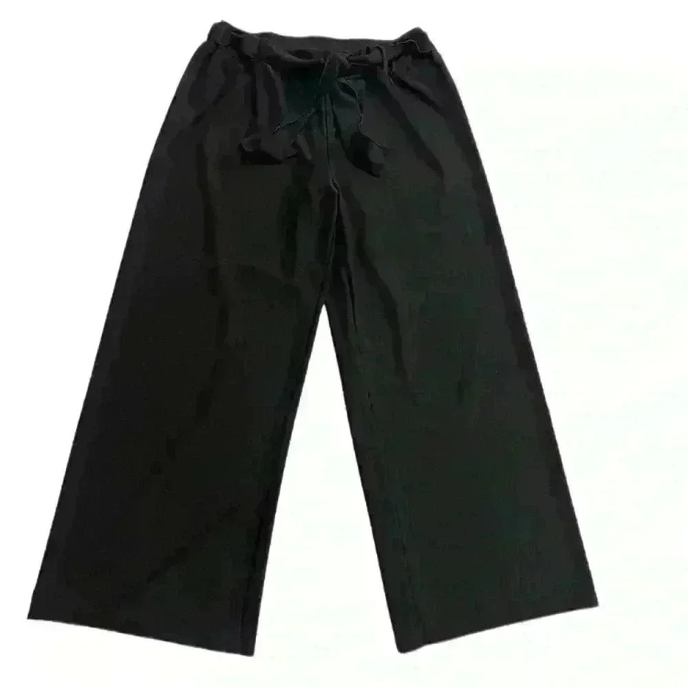 Ashley Blue Women's Black Tie Waist Pull On Wide Leg Pants Size L